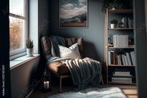cosy reading nook with a soft, furry rug and a warm throw blanket, evoking feelings of relaxation and enjoyment (AI Generated)