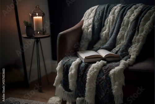 cosy reading nook with a soft, furry rug and a warm throw blanket, evoking feelings of relaxation and enjoyment, REALISTIC (AI Generated)