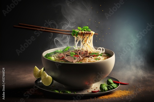 "Steaming Northern Vietnamese Beef Pho (Pho Bo Tai Chin) Food Photography Illustration for Your Mouthwatering Projects"