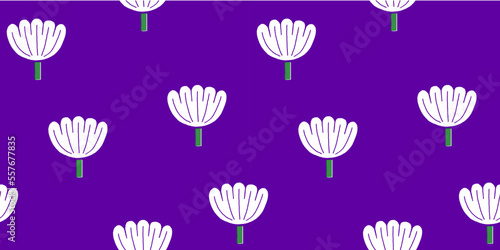 Seamless pattern designed with simply drawn lotuses on a violet background, for wrapping paper, wallpaper and fabric prints.