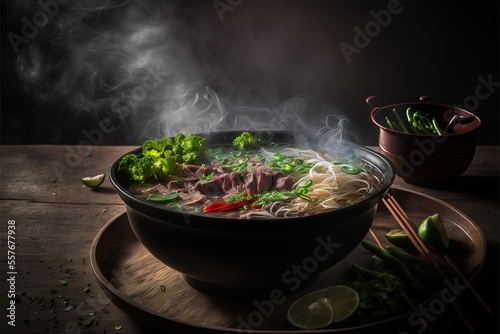 "Steaming Northern Vietnamese Beef Pho (Pho Bo Tai Chin) Food Photography Illustration for Your Mouthwatering Projects"