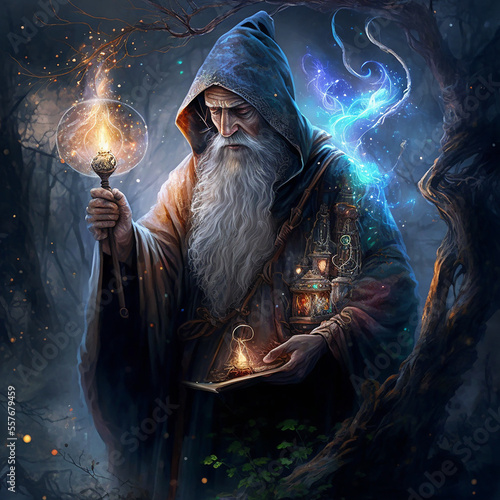 Legendary wizard merlin. A magical and fantasy environment. Created with Generative AI technology.