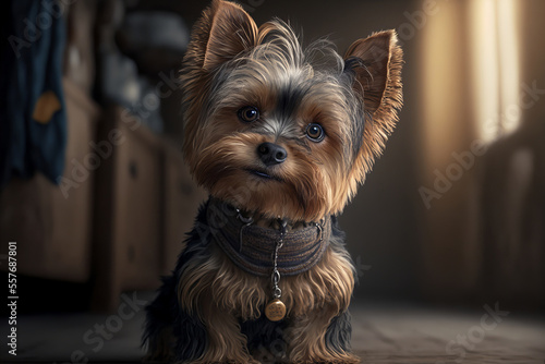 AI Generated Yorkshire Terrier at home, cute dog portrait sitting with vintage collar. Adorable brown Yorkie illustration.
