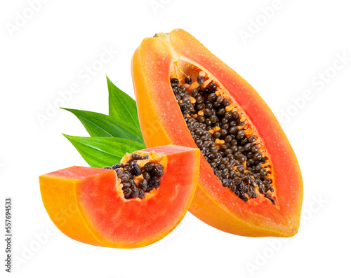 Piece of ripe papaya fruit with seeds isolated on transparent png