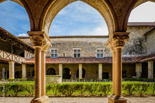 View on the arcades of the medieval cloister of the romanesque abby of Flaran in the south of France (Gers)