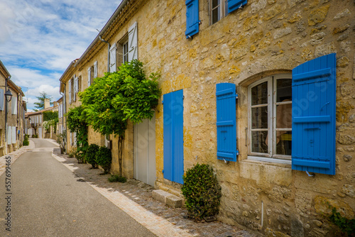 Quaint and flowery facades of townhouses with colorful wooden shutters and doors in the village of Terraube in the South of France (Gers)