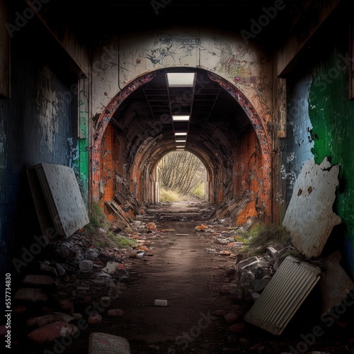 A spooky empty underpass filled with graffiti and garbage.