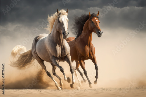Two Gallop of Arabian Horses in Dust at Sahara Desert generative ai 