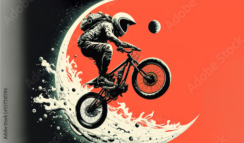 Astronaut riding bmx artwork with moon isolated light color design. Generative AI