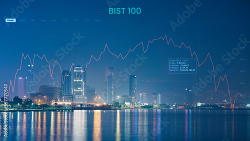 BIST 100 stock market 2022 graphics with metropol city background.