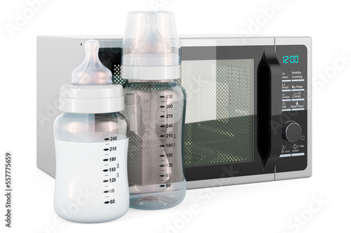 Baby bottles with microwave oven, 3D rendering