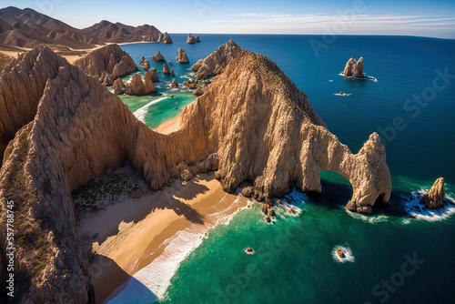 An aerial image of Lands End and the Arch at Cabo San Lucas, Baja California Sur, Mexico, at the point where the Pacific Ocean and the Gulf of California converge. Generative AI