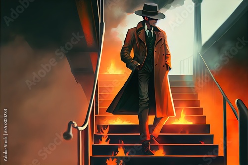 The detective is standing on a burning staircase