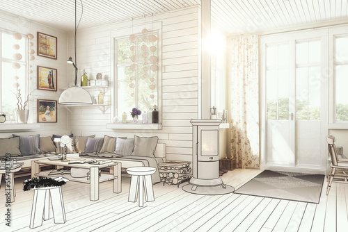 Entwurf einer Ferienhauseinrichtung in Skandinavischen Stil - 3D Visualisierung
