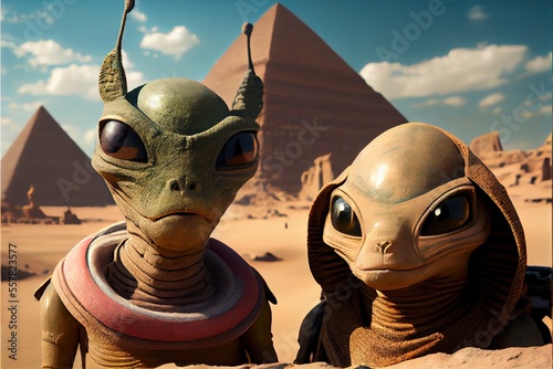 Alien tourists on vacation in Cairo, Egypt - Extraterrestrials visit planet Earth on an intergalactic leisure trip. Generative AI image 