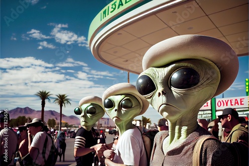 Alien tourists on vacation in Las Vegas, Nevada - Extraterrestrials visit planet Earth on an intergalactic leisure trip. Generative AI image 