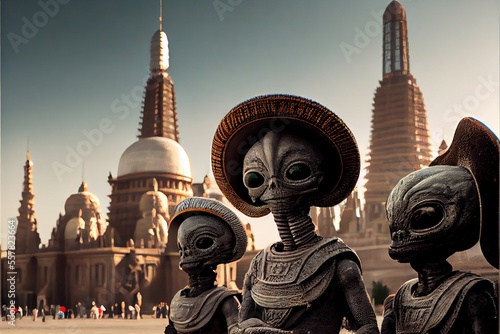 Alien tourists on vacation in Mexico City - Extraterrestrials visit planet Earth on an intergalactic leisure trip. Generative AI image 