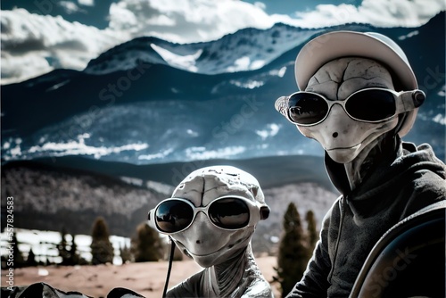 Alien tourists on vacation in the Colorado Rocky Mountains - Extraterrestrials visit planet Earth on an intergalactic leisure trip. Generative AI image 