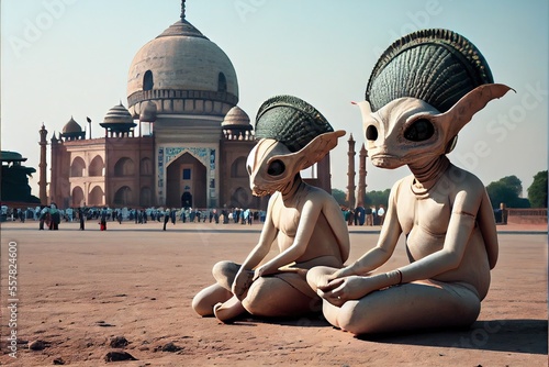 Alien tourists on vacation in India - Extraterrestrials visit planet Earth on an intergalactic leisure trip. Generative AI image 