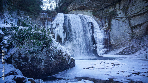 A scenic winter view of Looking Glass Falls in Pisgah National Forest, North Carolina.
