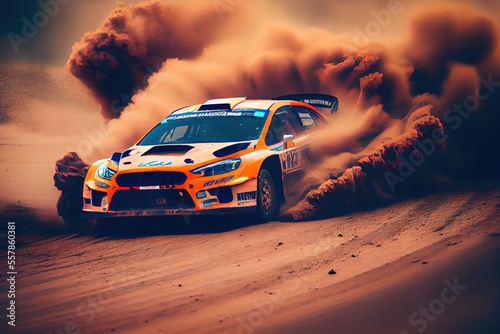 Rally car riding on high speed at the dirt track. Generative art
