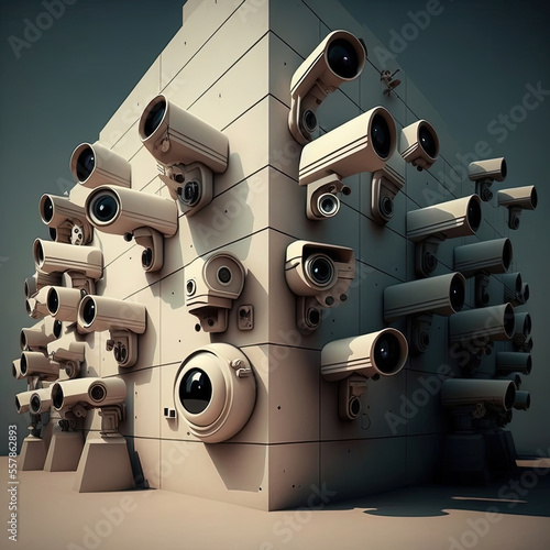 Security cameras, mass surveillance, generative ai, spying, lack of privacy, wall full of security cameras