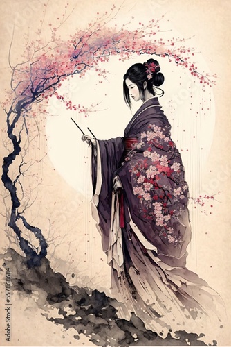 geisha with sakura flowers, japanese wall art, fictional person created with generative ai