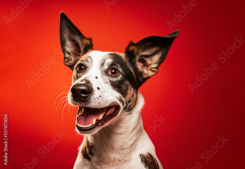 Studio portrait of a mixed breed dog on a red background. Generative AI.