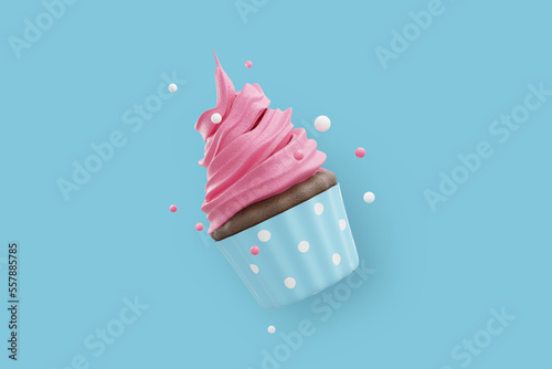Pink sweet cupcake desserts with icing cream, 3d rendering