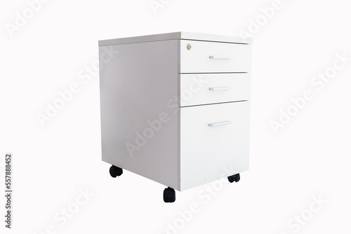 Side photo work desk with office equipment cabinet white has three drawers made of teak wood or office furniture. It is an office equipment to hold important documents. Isolated on white background.