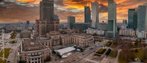 Aerial view of Palace of Culture and Science and downtown business skyscrapers in Warsaw, Poland.