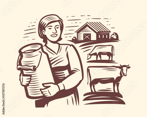 Young milkmaid or farmer standing with milk can, near grazing cows and cowshed. Dairy farm emblem. Vector illustration