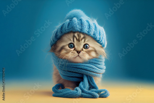 Cute kitten wearing a scarf and warm hat. Generative Ai