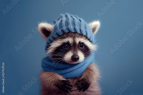 Cute baby raccoo in a knitted hat and scarf. Generative Ai