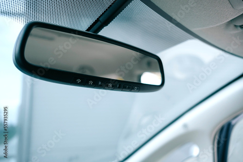 Modern car interior, rear-view mirror with dimming function, LED interior lighting.