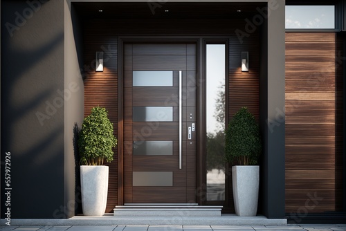 Glass entrance door with side lighting and wall section modern style dark, interior
