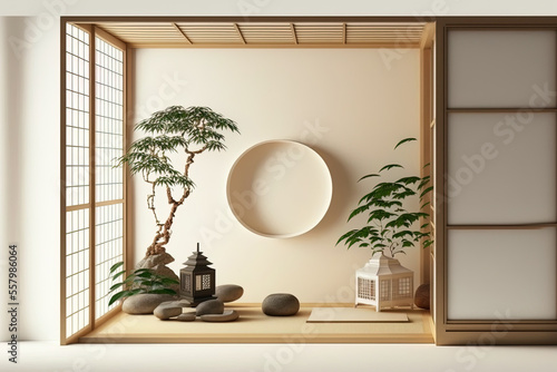 Interior of Chaina room in tropical style, with tatami mats on the floor and white walls. Generative AI