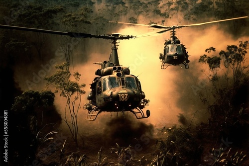 Smoke and Flames Surround Vietnam War Helicopters, generative ai