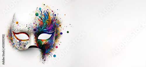 Venetian mask carnival colorful splash art masquerade mardi gras banner copy space on white illustration. Generative AI