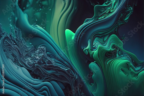 Blue green paint swirls floating in water, lava lamp, abstract background, generative ai