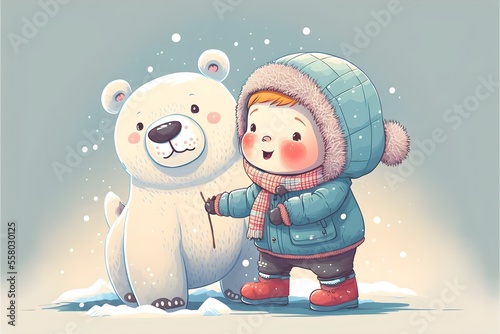 A eskimo kid playing with a cute polar bear wearing winter outfits.