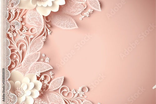  a pink background with white flowers and lace on the edge of the paper, with a place for the text on the left side of the image, and a place for the right side. Generative AI