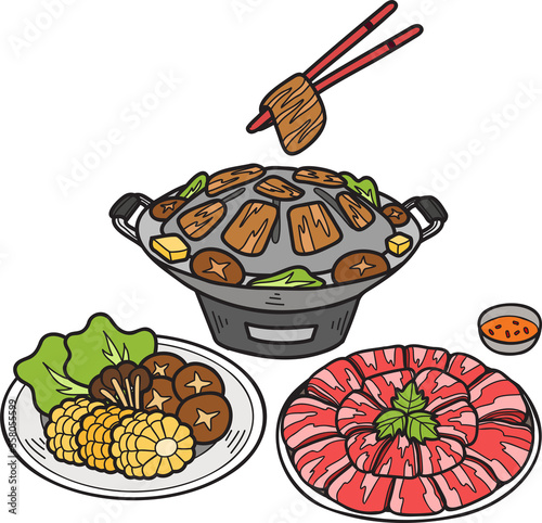Hand Drawn Moo Kra Ta Grilled pork or Thai food illustration