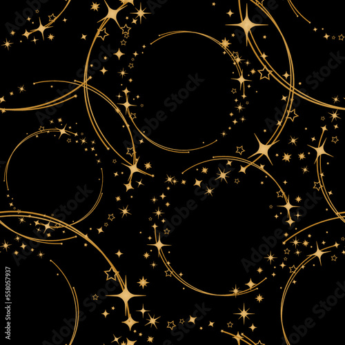 Seamless pattern decorated with precious stones, gold chains and pearls. 