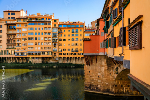 Close up of silversmith shops on the famous Ponte Vecchio bridge on the Arno River in Centro Storico, Florence, Italy