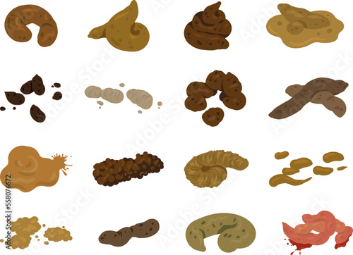 Set of shit vector illustration on white background. Cartoon doodle poop collection.