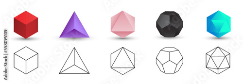 Set of colorful vector editable 3D platonic solids isolated on white background. Mathematical geometric figures such as cube, tetrahedron, octahedron, dodecahedron, icosahedron. Icon, logo, button.