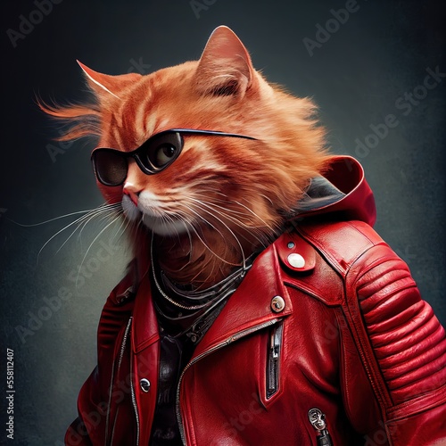 Cool red cat wearing a red leather jacket on black background. Stylish pet portrait in clothing, anthropomorphic people. AI generative art