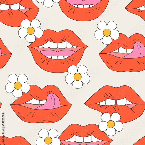 Comic female lips background in pop art, psychedelic hippie retro style.