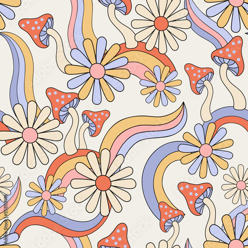 Fun daisy chamomile flowers, mushrooms, rainbows seamless pattern.